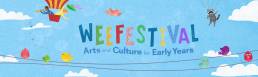 Image: Illustrated Wee Festival poster on a blue background with text 