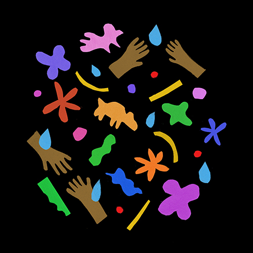 Illustration of multiple hands, animals, flowers, and water droplets in various colours against a black background