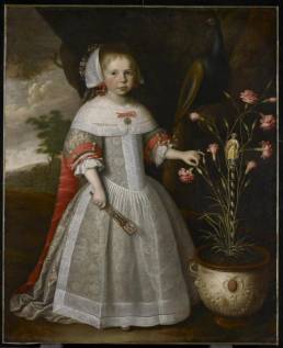 Painting of a young woman in olden day attire next to flowers.