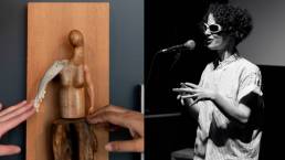 Photo of a wooden doll held by two hands collaged with a photo of Aislinn Thomas speaking into a microphone.