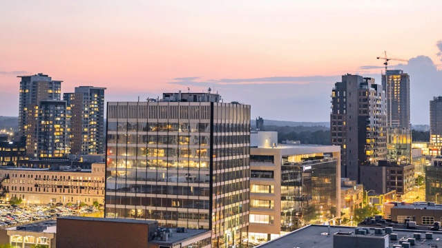 Skyline of Kitchener at dusk.